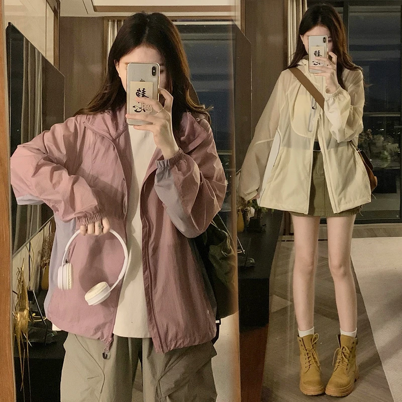 休闲工装风连帽外套防晒服少女春秋2025新款初高中学生宽松冲锋衣