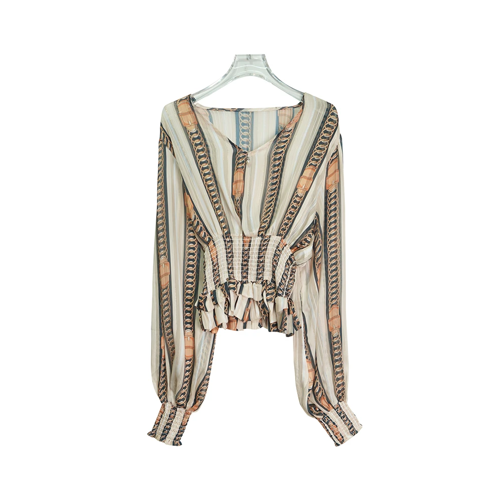 「SHI韵棠」X22089时尚粉橙色设计感印花V领松紧收腰显瘦气质上衣