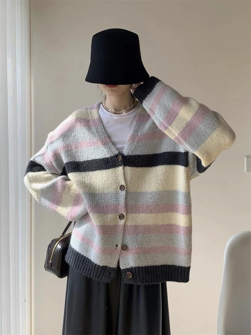 【2373】#休闲百搭拼色毛衣开衫上衣【预】