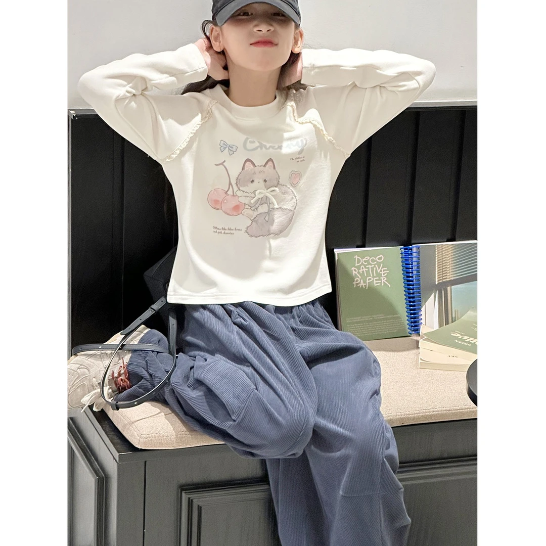 K30085立体蝴蝶结女童秋冬短款T恤2025新款儿童加厚薄绒长袖打底t