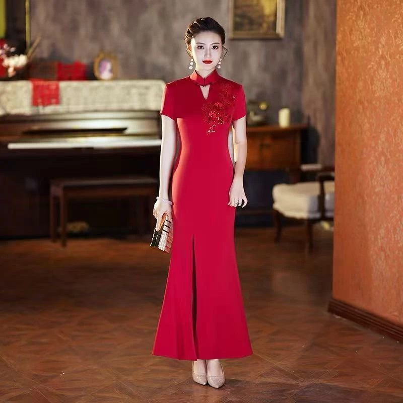 （827）夏款 红色 大长款改良旗袍 单层 长度约135cm 苏州旗袍