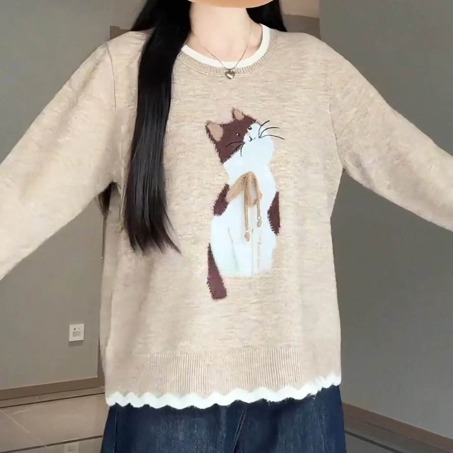 1151大码胖mm韩系卡通猫咪针织衫上衣女秋冬宽松长袖百搭显瘦毛衣