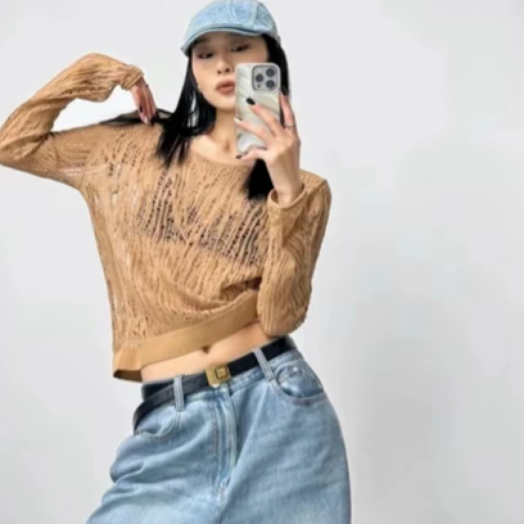 AMASS/阿玛施 新款简约轻奢针织衫时尚气质提花镂空上衣538017