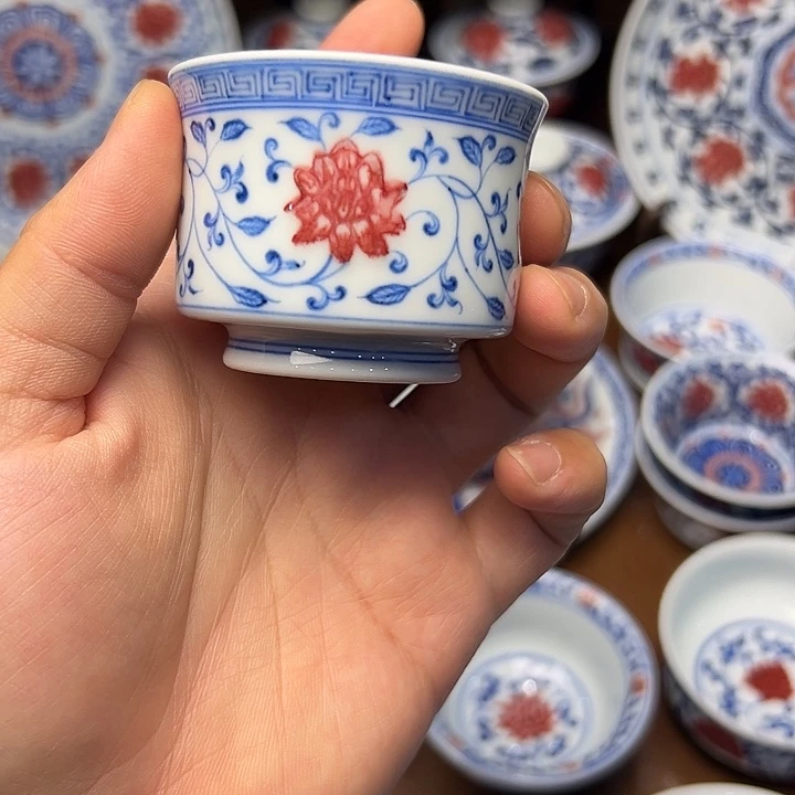 盖碗魂***月青花釉里红小客杯