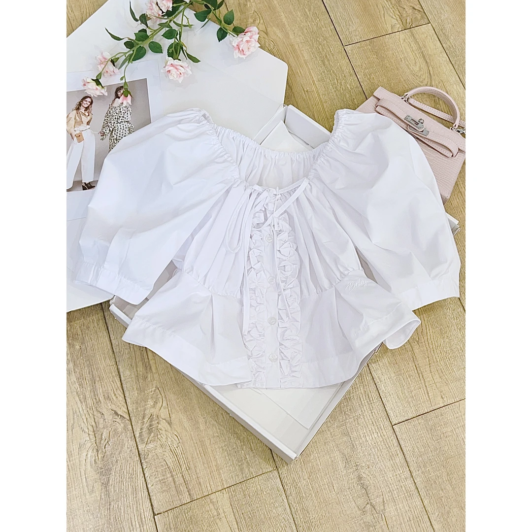 琳心丨夏季新款白色百搭休闲时尚木耳边飘带泡泡袖衬衫 0009