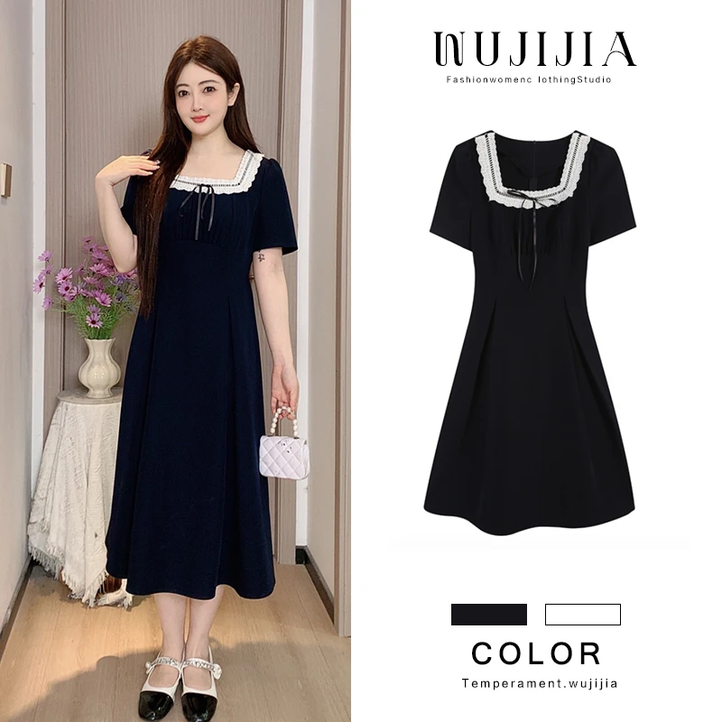 藏青色黑色气质时尚连衣裙娃娃领中长款大码女装夏季裙子ZL109111