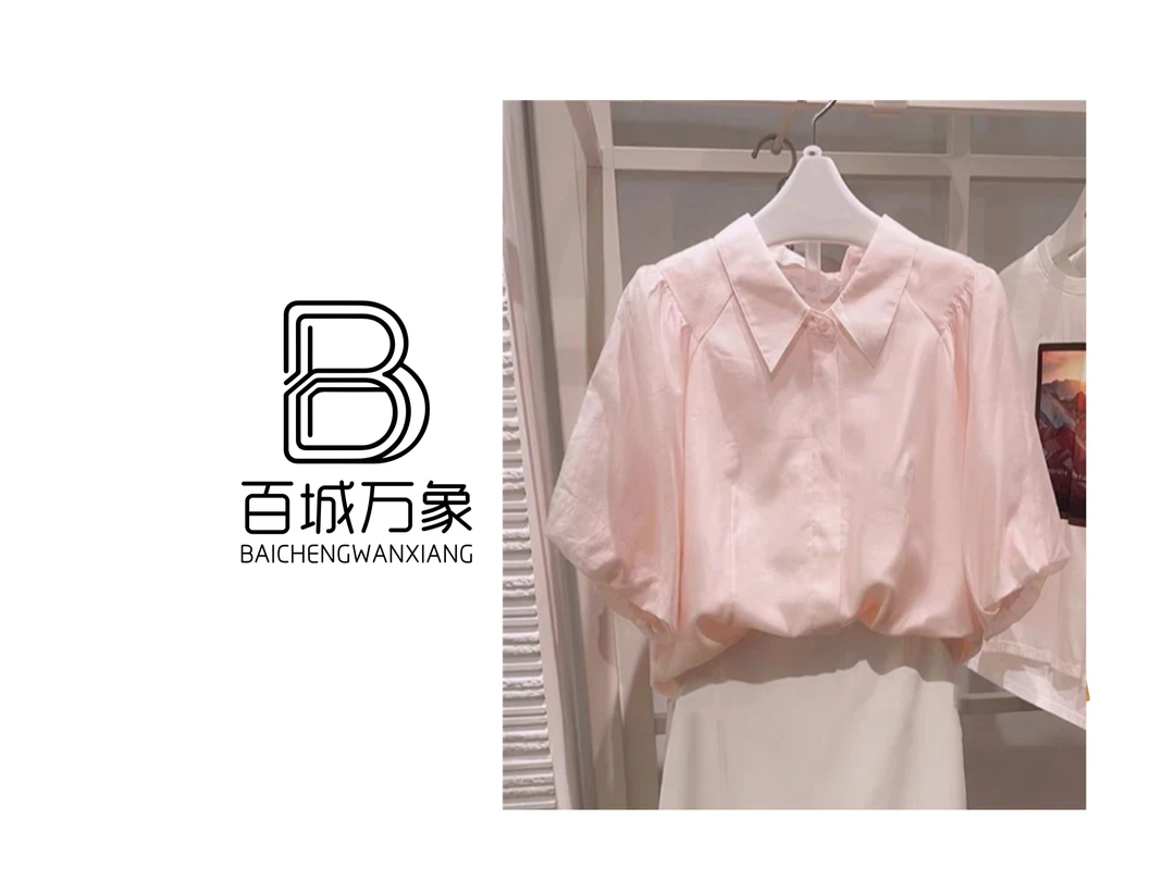 9409粉色衬衫女夏季新款法式泡泡袖别致绝美上衣洋气百搭短袖衬衫