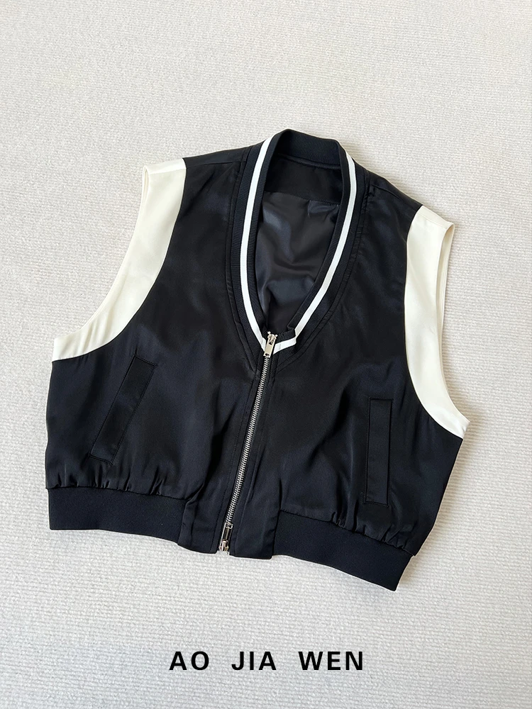 【佳文定制】8025马甲撞色V领白边拉链上衣