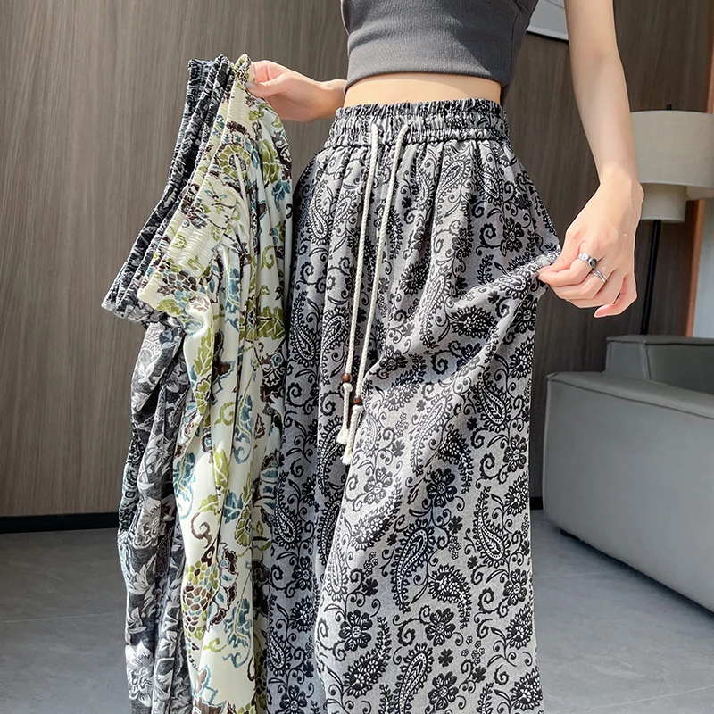 高级感印花高腰窄版阔腿裤女夏季垂感直筒宽松拖地长裤子