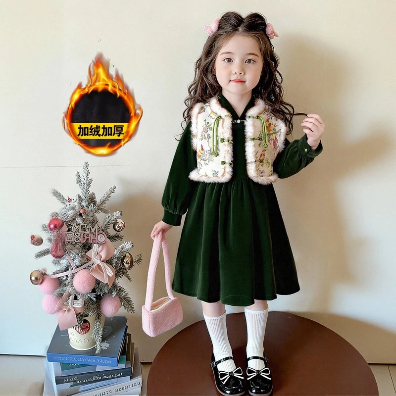 新疆西藏包邮女童新中式加绒国风马甲连衣裙套装冬季2025新款洋气