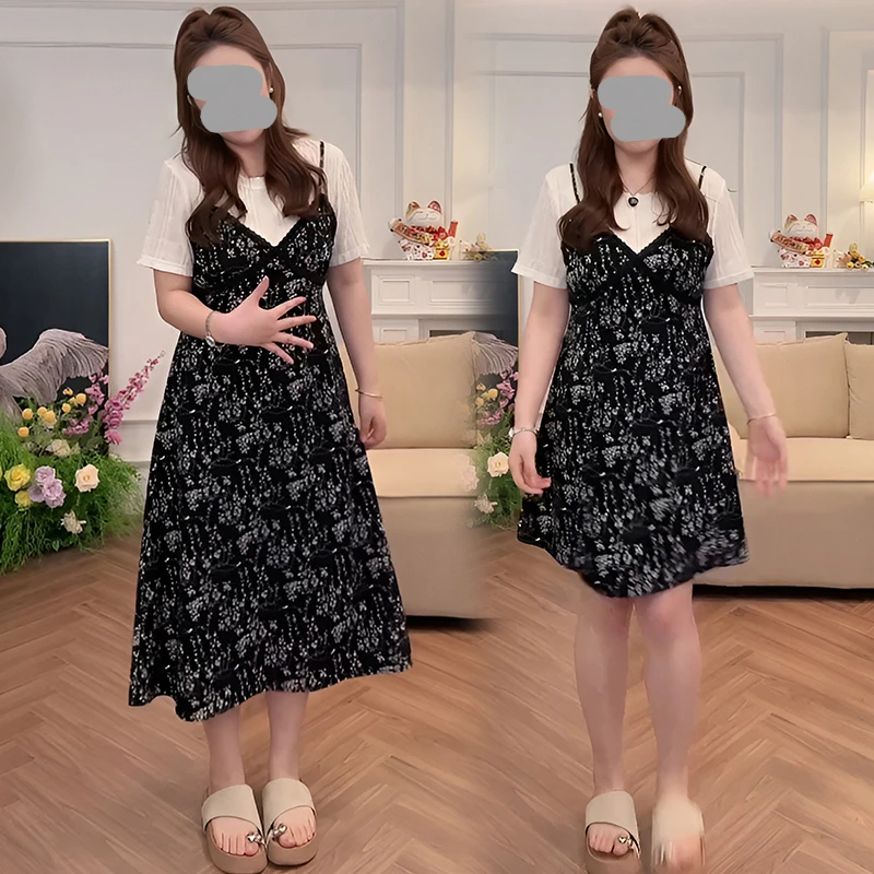 高级感碎花假两件连衣裙2025夏季新款小个子温柔宽松显瘦中长款裙
