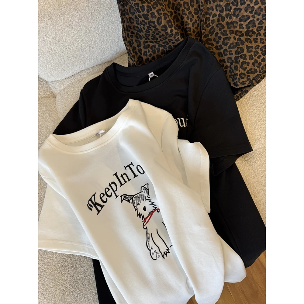 大码加厚圆领短袖刺绣字母T恤