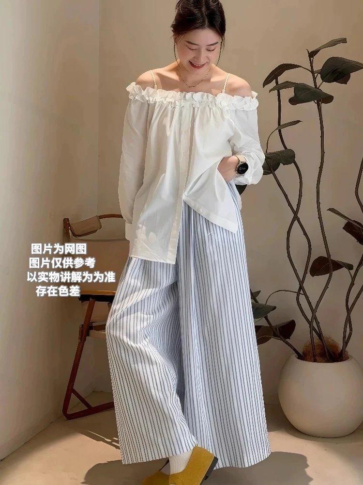Yi+2025夏季新款大码女装韩 边系一字肩木耳边衬衫+条纹阔腿裤