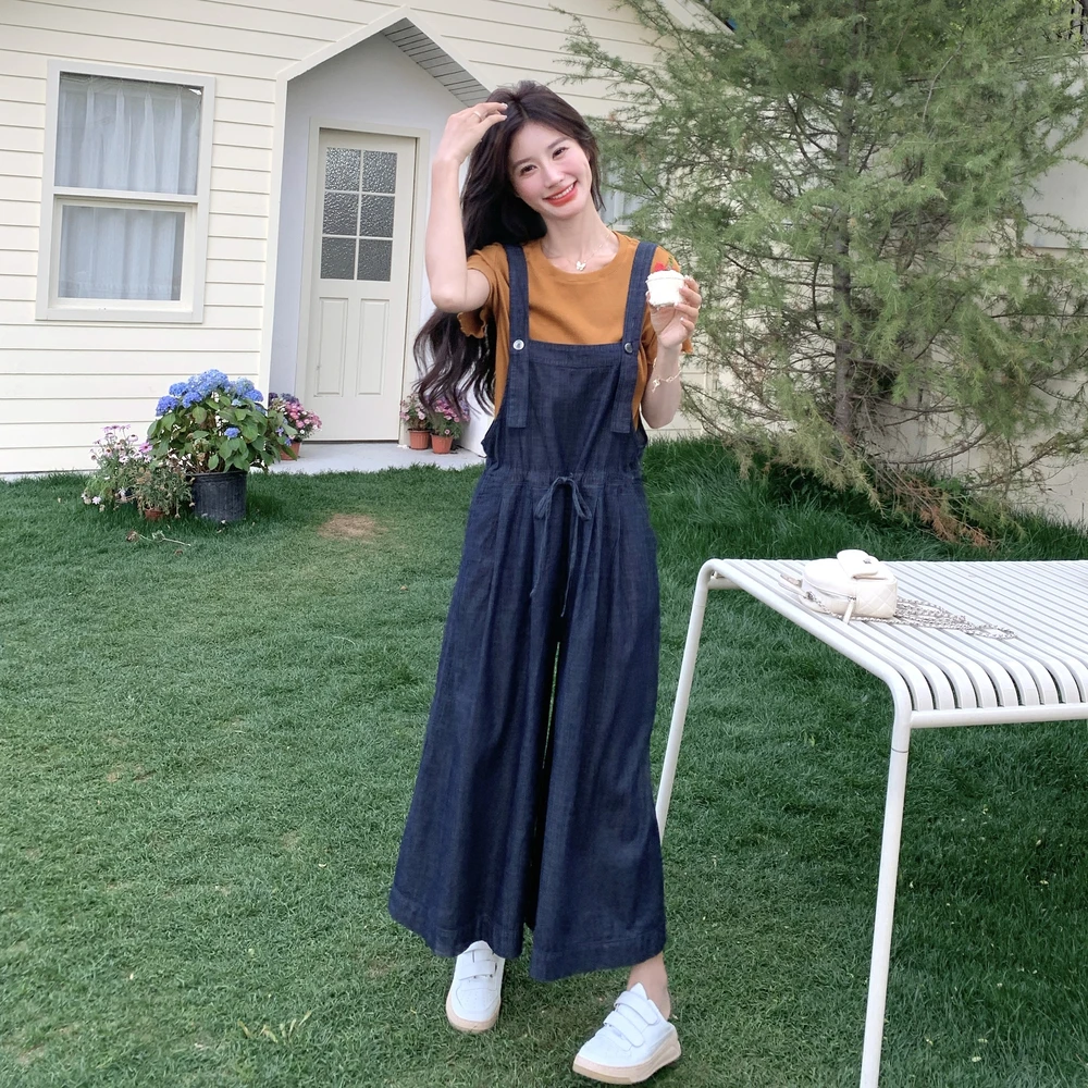 欧货时髦牛仔九分阔裤背带裤女春夏季新款套装搭配花边短袖两件套