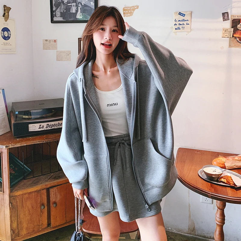 灰色休闲卫衣套装裙女春季2025年慵懒风韩系流行外套半身裙两件套