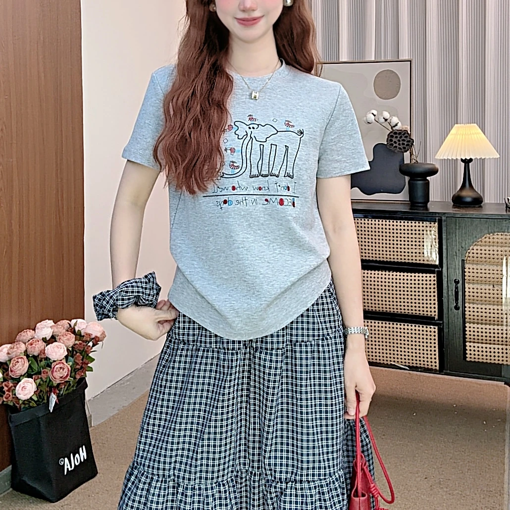 LEX-【长鼻象】重工刺绣显瘦圆领正肩百搭短袖女