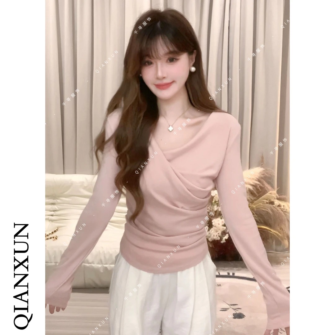 千寻家 纯欲风气质T恤女秋季新款设计感交叉褶皱显瘦长袖上衣192