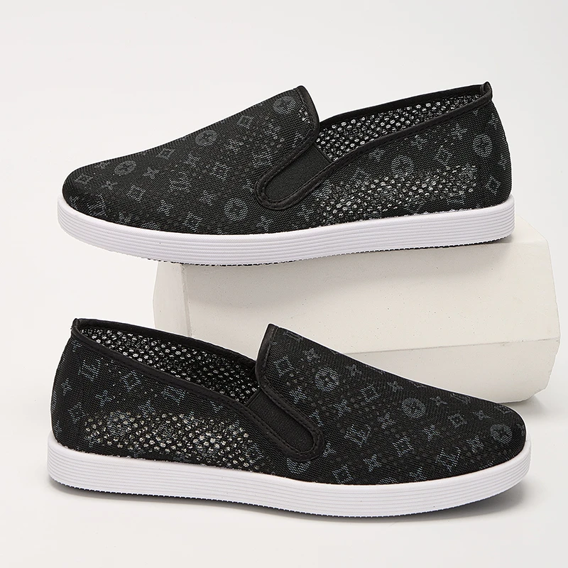 老北京布鞋印花网鞋男轻便软底黑色平底透气耐磨镂空时尚舒适板鞋