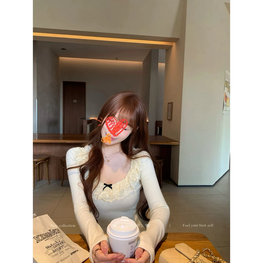 【皎皎初心】加绒方领蕾丝边针织打底衫T恤女秋冬内搭修身上衣