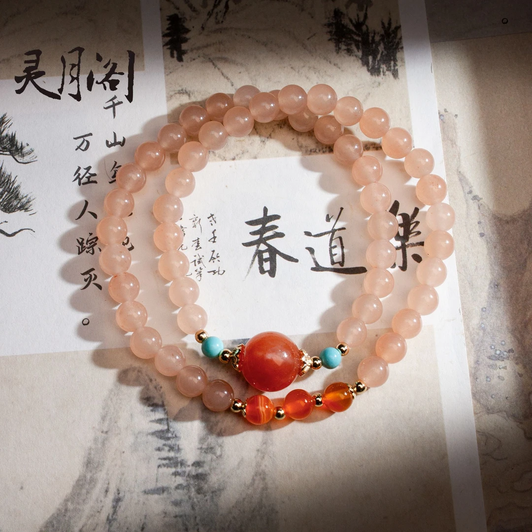 藕粉玛瑙圆珠玖瑟双圈6mm FYS-B208