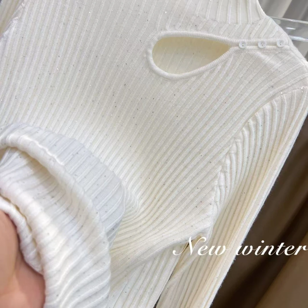 6640《零距离》高级感复古杏色珠片纱秋冬韩版半高领镂空针织衫