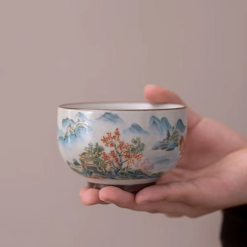 ZH2435-汝窑青山铜钱禅定杯+汝窑青花铜钱禅定主人杯