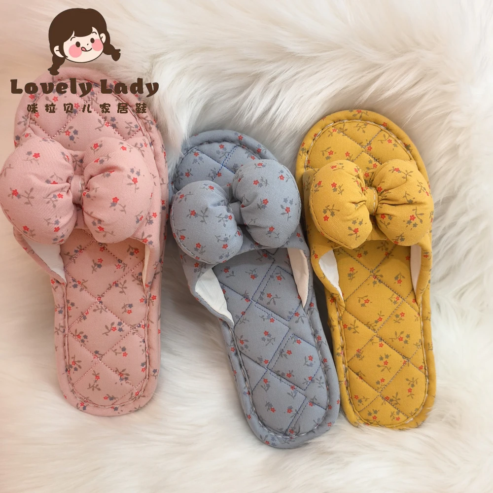 直播纯棉不易居家女士三层布底无声静音韩式小花家具室内地板拖鞋