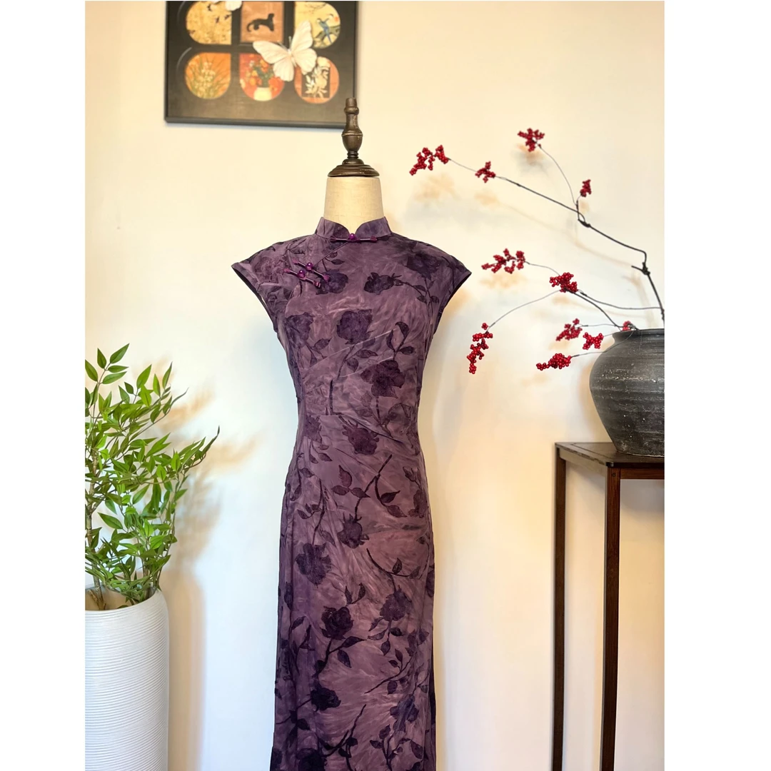 【紫玫瑰】夏季新款优雅植绒显瘦国风中长款复古旗袍裙