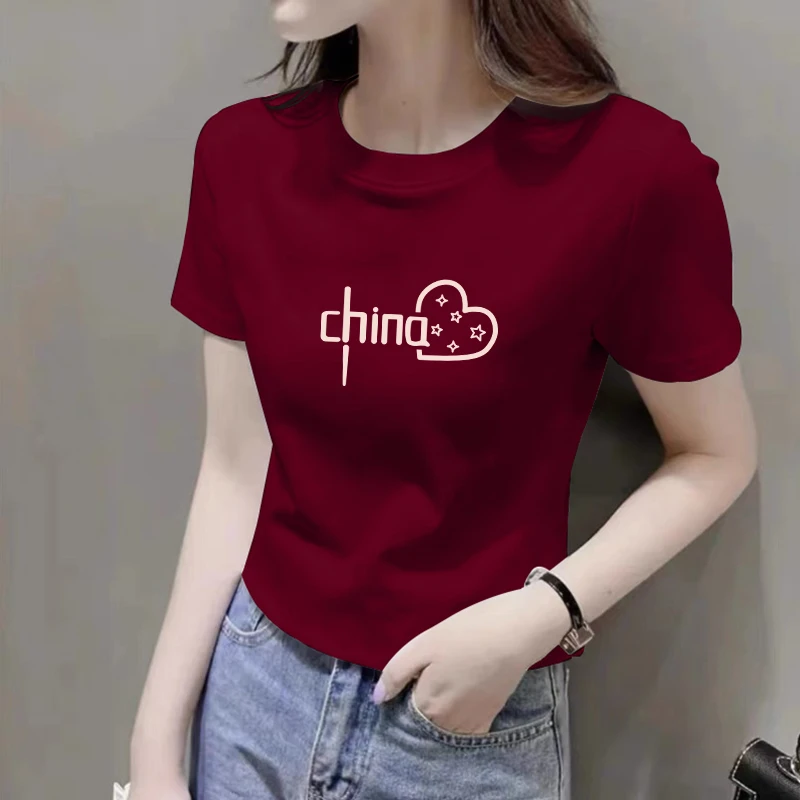 正肩红色短袖t恤女夏季修身半袖圆领体恤衫洋气印花百搭显瘦上衣