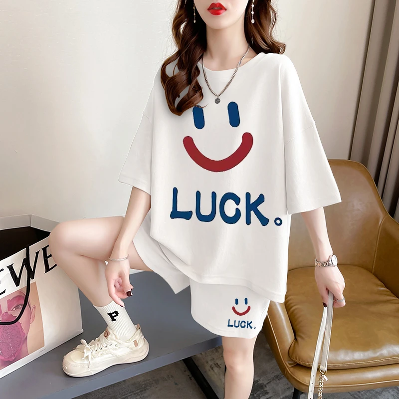 白色纯棉短袖短裤套装女夏装慵懒风宽松时尚休闲运动风穿搭一整套