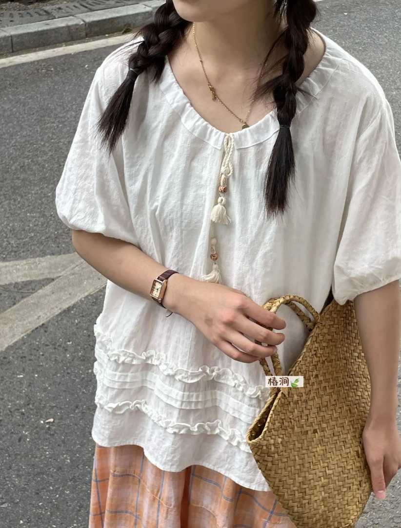 椿涧#55019#棉麻拼接流苏系带七分袖衬衫