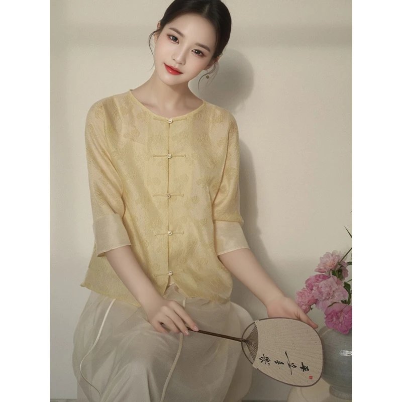夏款唐装中国风女装2025新款对襟盘扣衬衫新中式轻国风上衣设计感