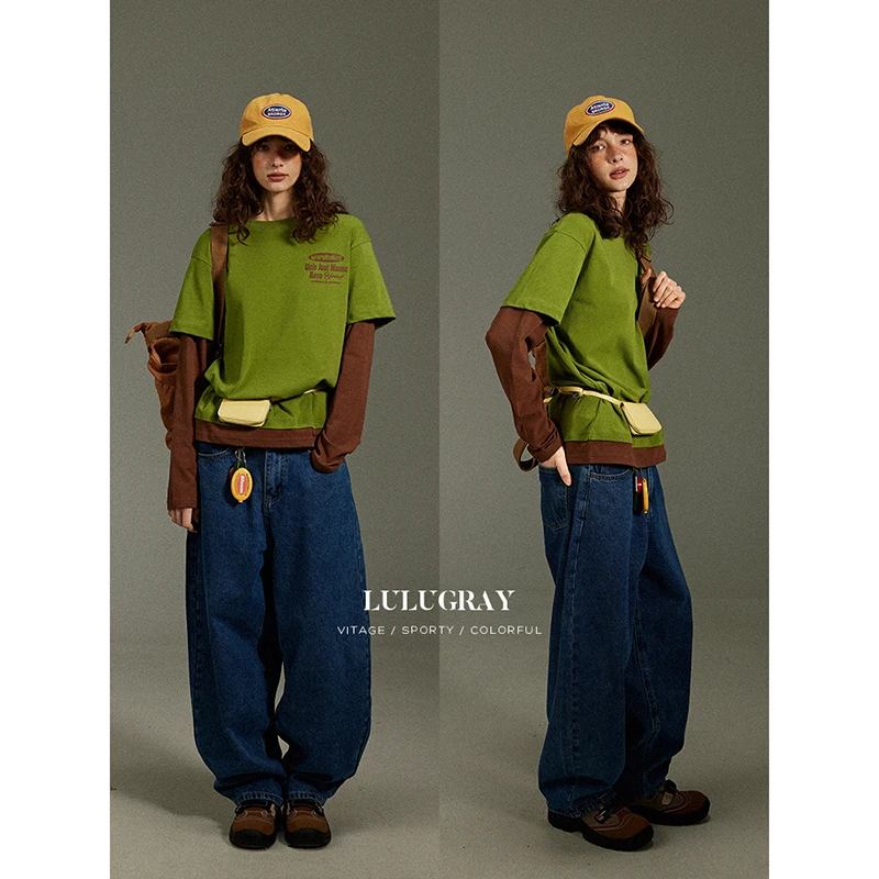 lulugray 复古字母印花假两件长袖t恤女春秋慵懒风设计感小众上衣