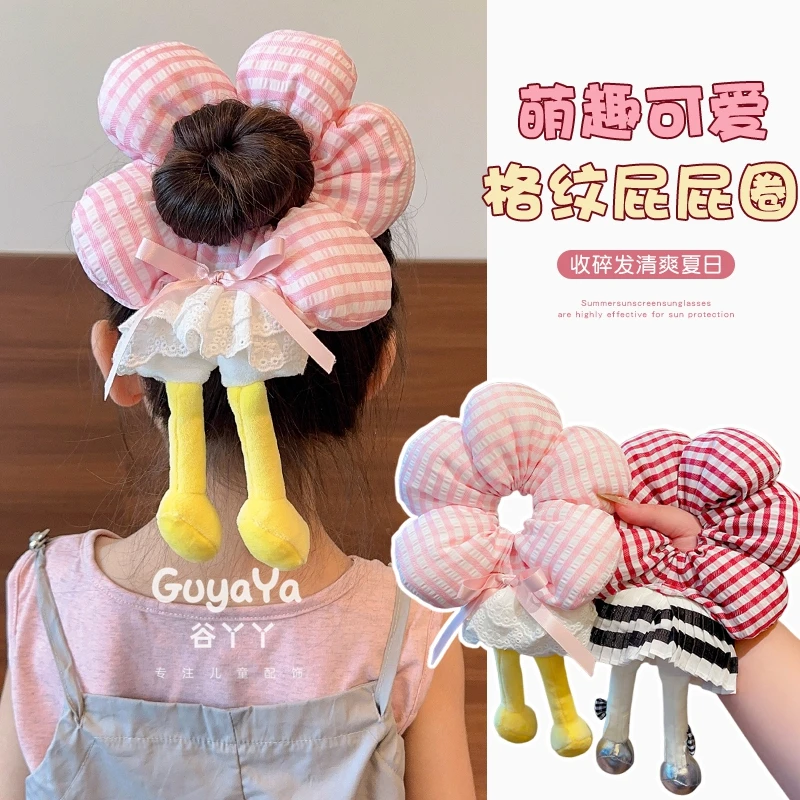 儿童可爱格纹屁屁花朵大肠发圈女童扎发绳高弹力头绳丸子头花头饰