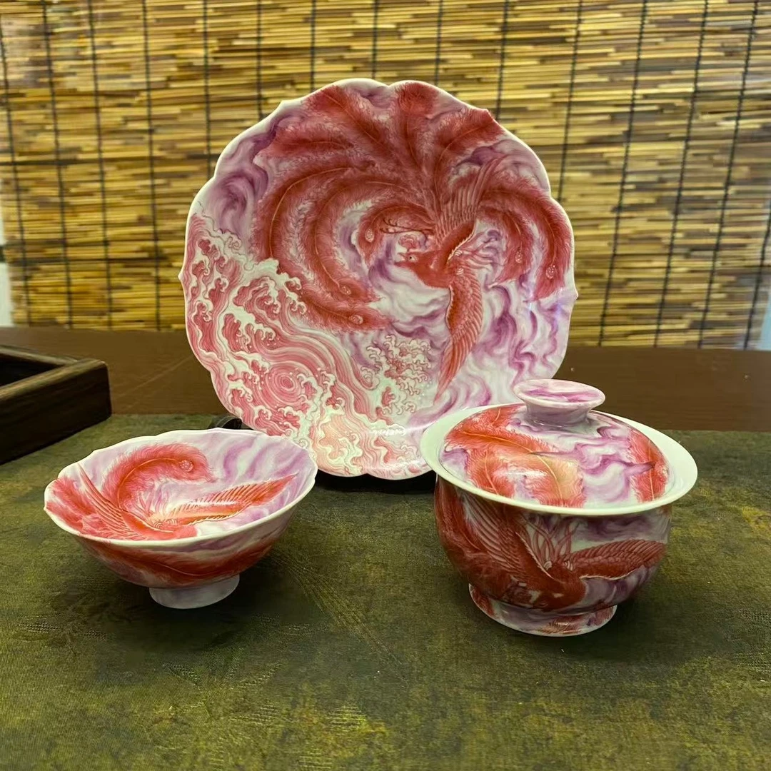 【四悦茶陶】宝石红凤纹 景德镇陶瓷手工手绘