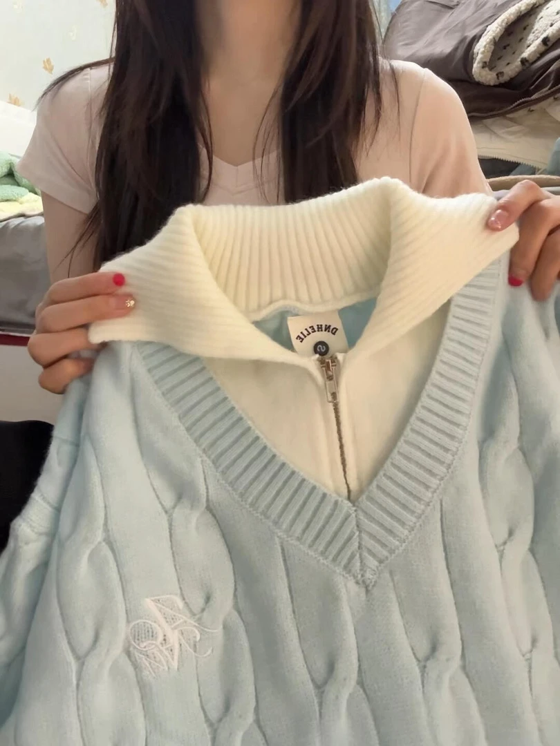 韩系学院风撞色翻领假两件毛衣女秋冬新款宽松慵懒减龄外穿针织衫