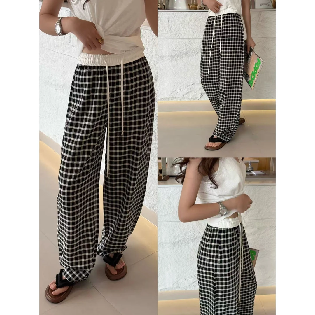 抽绳黑白格拼色莱赛尔醋酯女式休闲裤25DAK0852