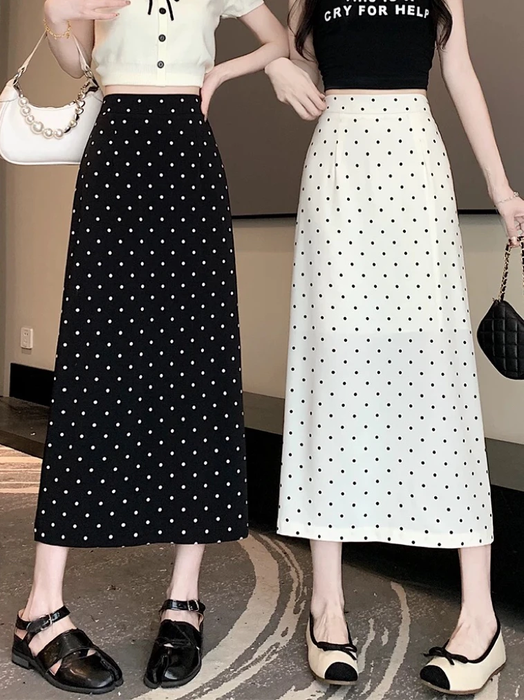 法式缎面波点开叉半身裙