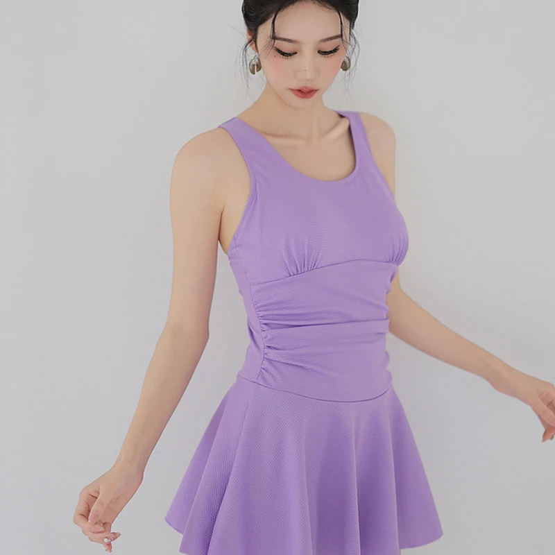 新款夏季女装纯色泳衣修身气质休闲连体平角裙抗菌防晒露背泳装