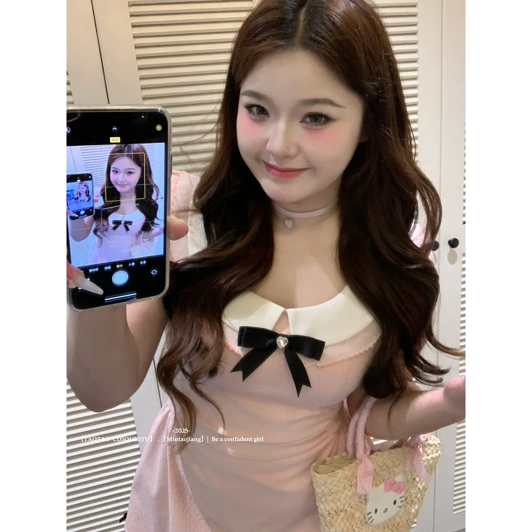 SWEET【双生樱酪】微胖元气少女法式收腰娃娃领蝴蝶结A摆连衣裙