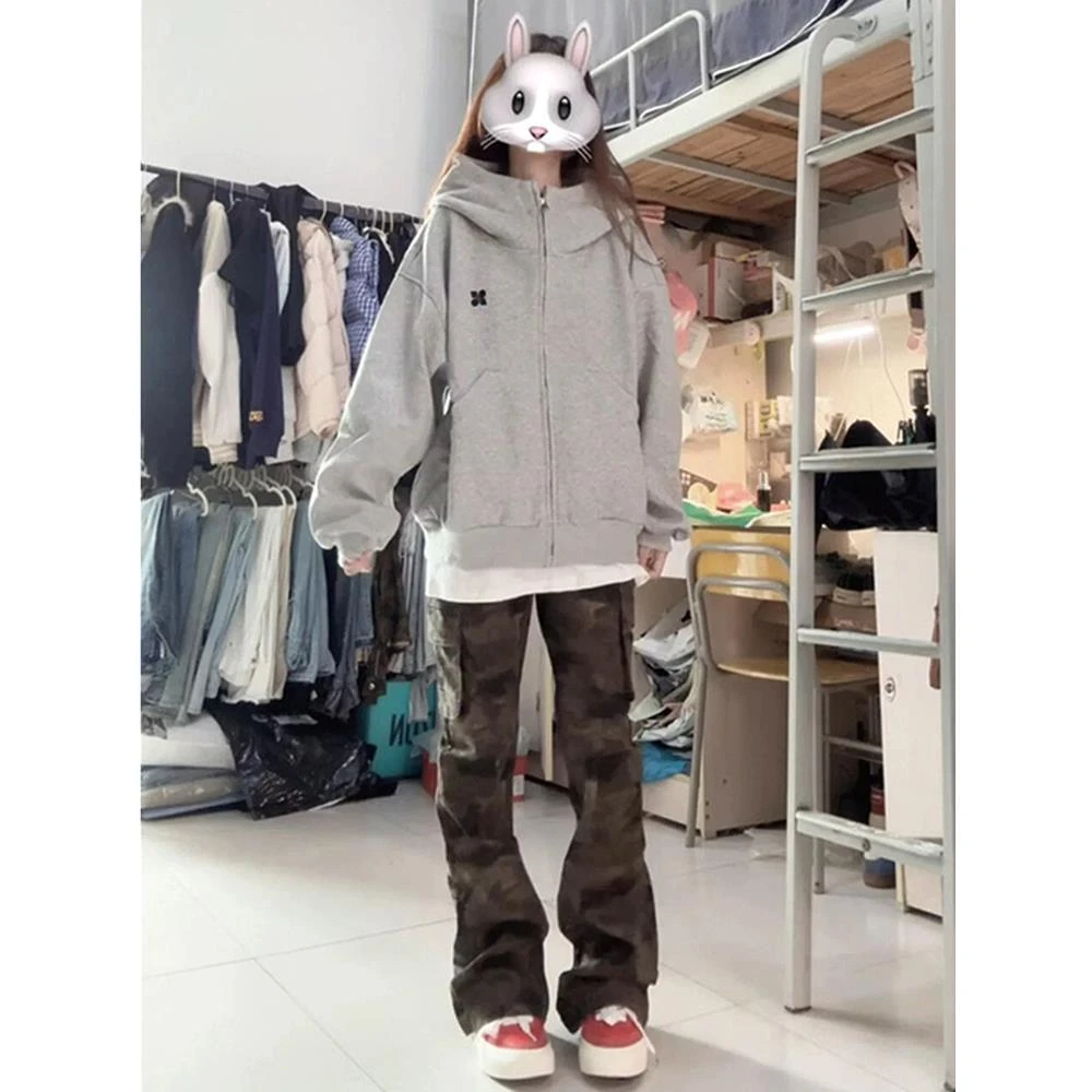 国潮牌美式复古灰色连帽卫衣女秋2025宽松设计感小众开衫拉链外套