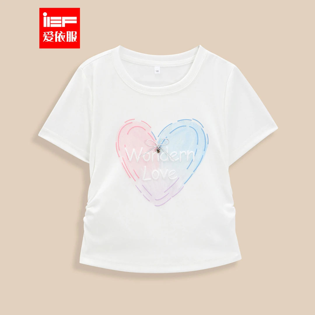IEF【爱依服童装】2025夏季新款时尚爱心印花百搭女童T恤上衣