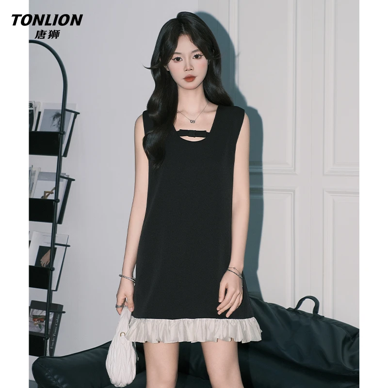 唐狮法式千金风黑色U领无袖连衣裙女夏季独特柔纱花边A字背心短裙