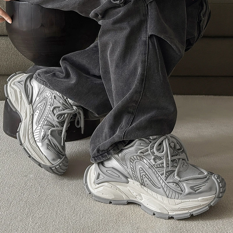 明星同款9CM隐形增高银色老爹鞋男女款复古潮流运动休闲鞋子春秋