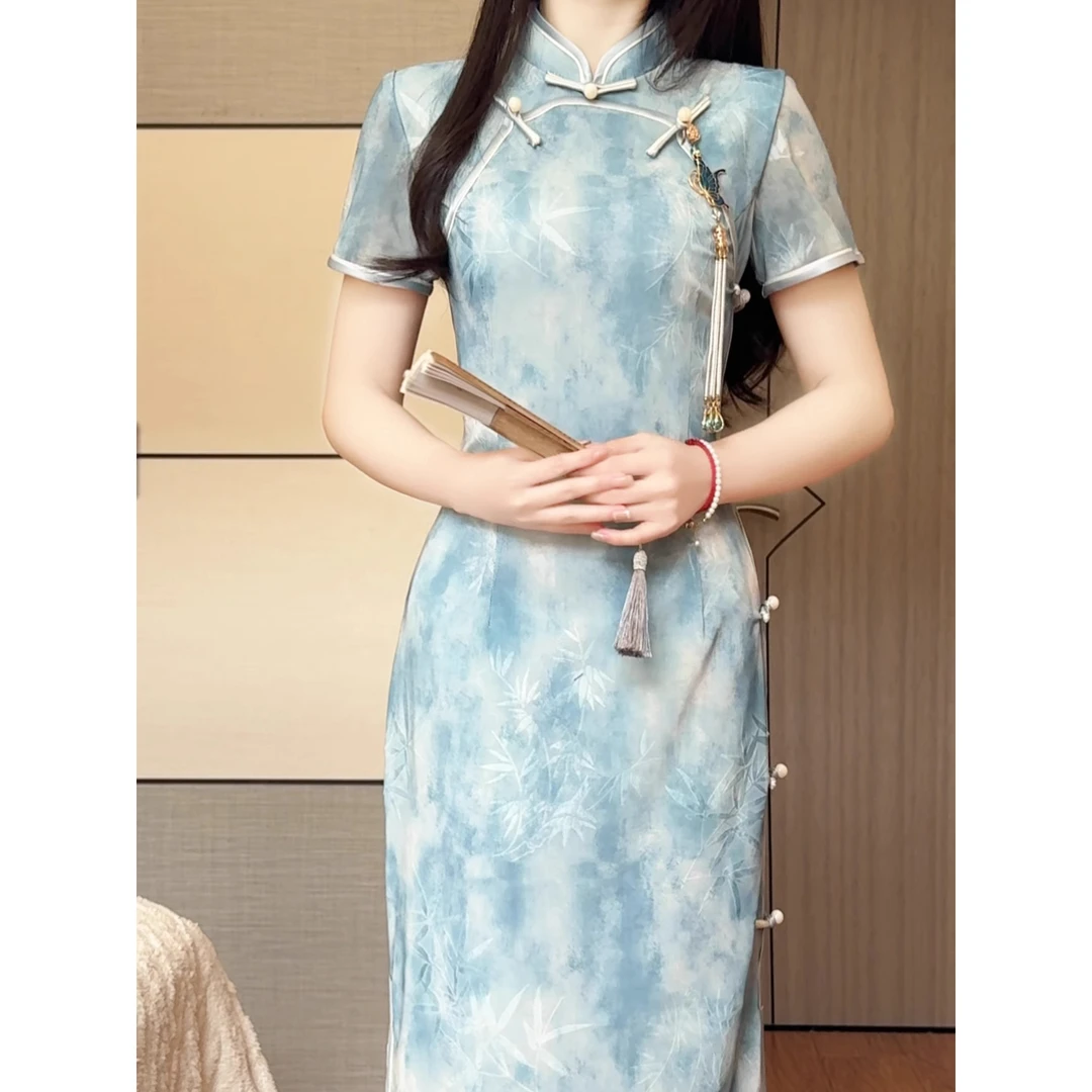 蓝色复古淑女范短袖旗袍2025年夏季新款改良新中式日常可穿年轻款