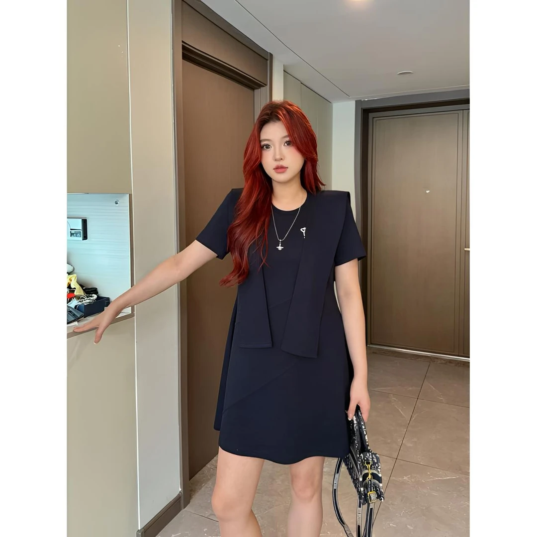 Xiaix【海岸日记】夏季显瘦胸口图案带披肩纯色连衣裙BQ250614