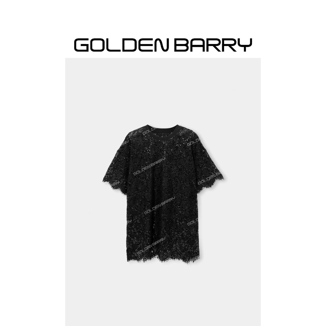 GOLDENBARRY|204034“雾织流光T”重工轻奢亮片蕾丝T恤