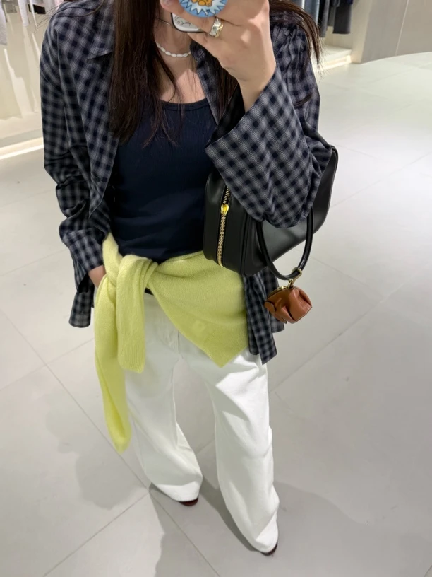 泡菜呼吸家深蓝色格纹衬衣长袖百搭翻领春季休闲春款