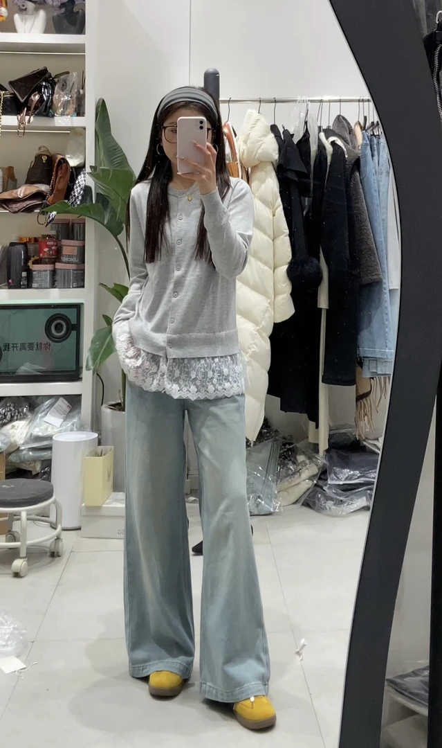 【Meng Ke】浅蓝色高腰牛仔裤女韩系显瘦简约百搭阔脚裤