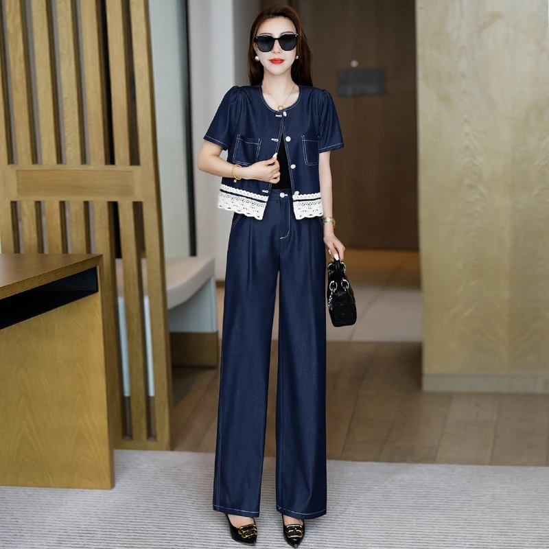 中特2025夏新款网红洋气炸街女装牛仔花边时尚套装短袖显瘦气质